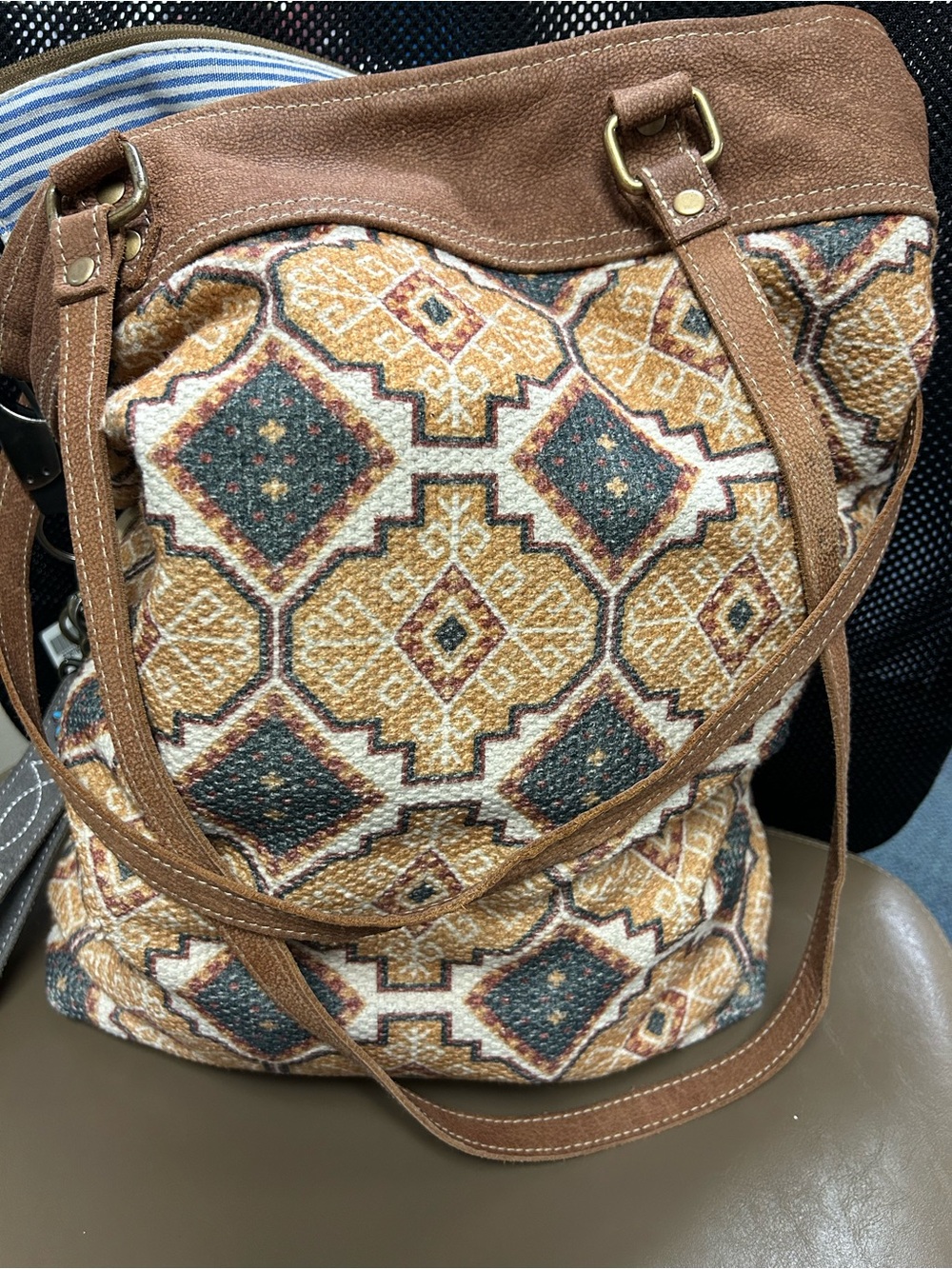 Tapestry-Pattern Brown Tote Bag